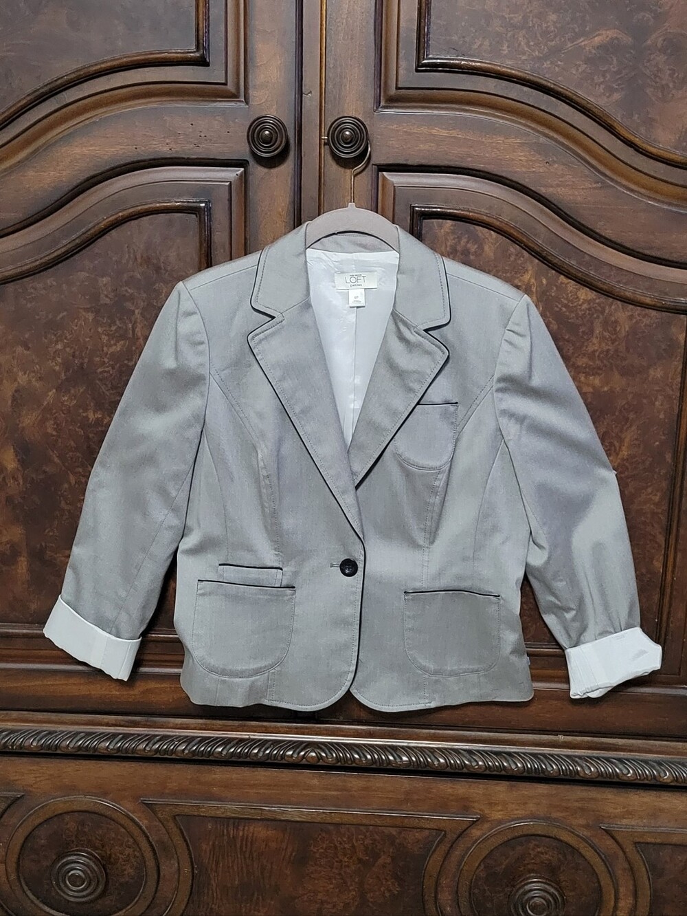 LOFT Light Gray Single-Button Blazer with Contrast Trim